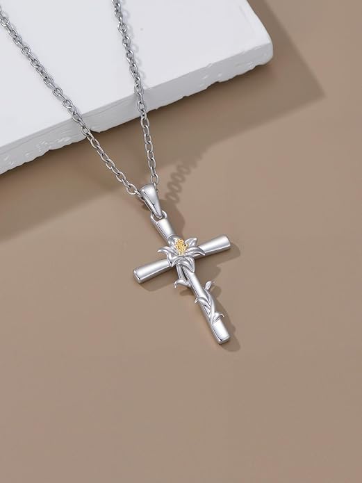 Flower Necklace Sunflower/Violet/Daffodil Necklace Sterling Silver Flower Cross Pendant Jewelry Gifts for Women