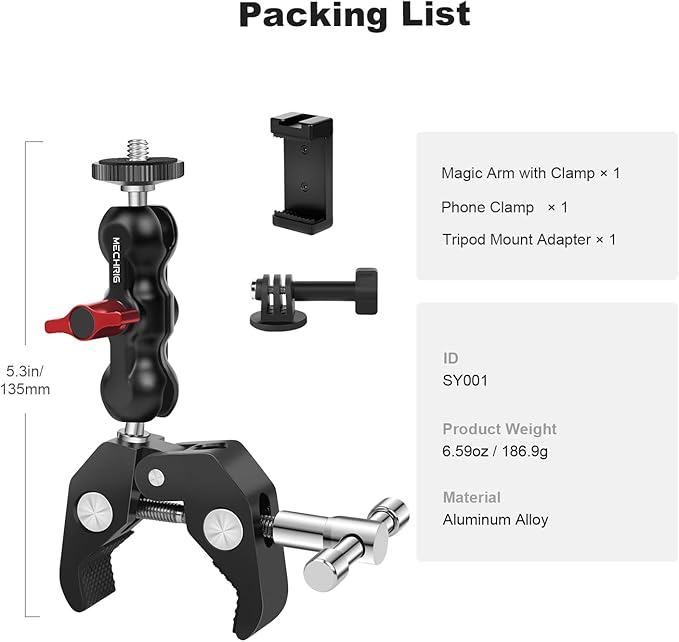 Camera Clamp Mount with Dual Ballhead Magic Arm, Aluminum Camera Mount Super Clamp Kit for DSLR Action Camera/Phone/Monitor/LED Light/Microphone, for Desk/Tripod/Tube/Crossbar (SY001)