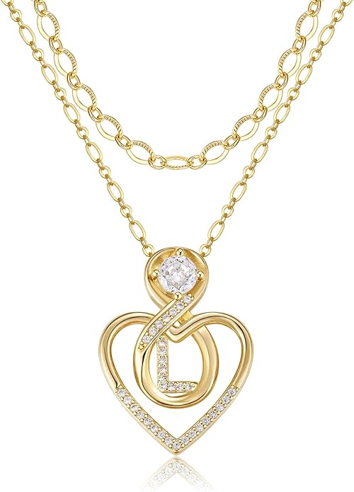Heart Letter Necklaces for Women 14K Gold Plated Cubic Zirconia Heart Initial Layered Necklace Infinity Pendant Necklace Letter Initial Jewelry for Women