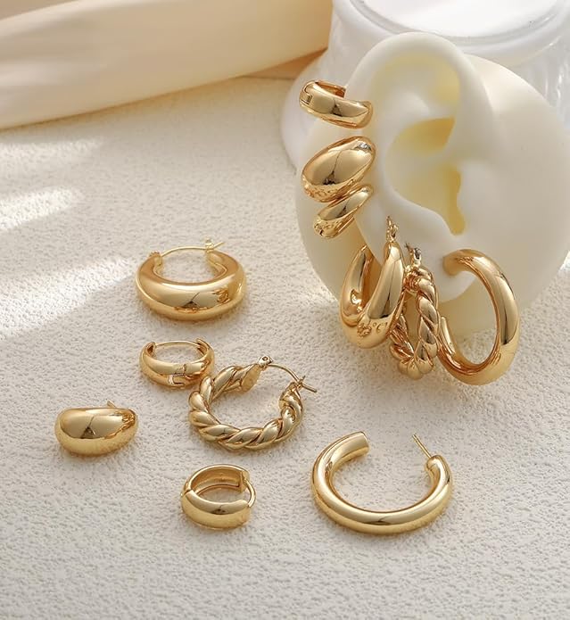 Chunky Gold Hoop Earrings for Women, 14K Gold Plated Lightweight Small Hoop Earrings Pack, Hypoallergenic Open Twisted Huggie Hoops Set Jewelry Gifts