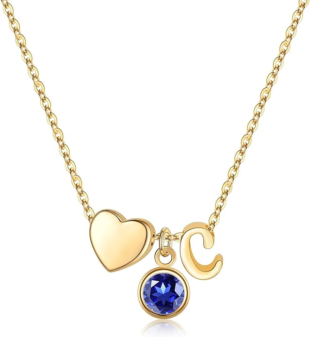 Ursilver Initial Birthstone Necklace for Women - Heart Initial Birthstone Pendant Necklace Personalized Gifts Birthday Gifts for Women