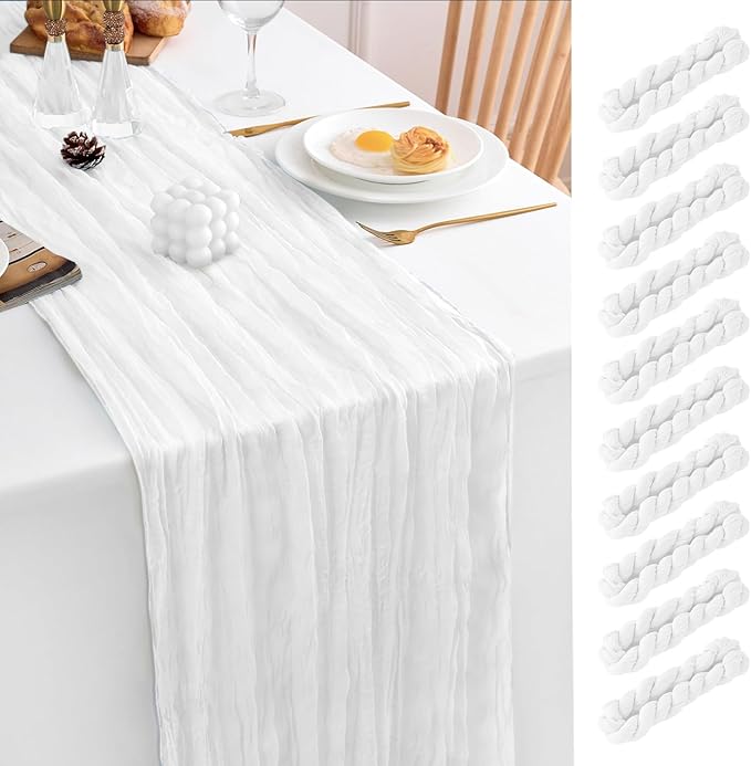 10 Pack White Table Runner 120 Inch Cheesecloth Table Runner 10FT Rustic Boho Gauze Table Runner Long Cheese Cloth Table Runner Semi Sheer Runners for Wedding Bridal Baby Shower Party