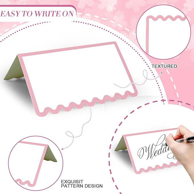150 PCS Pink Scalloped Place Cards 2 x 3.5 Inch Blank Tented Place Card Name Cardstock Seat Assignment Label Card Reserved Table Signs Seating Signs for Birthday Party Wedding Setting