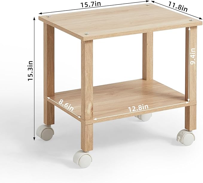 2 Tier Printer Stand with Storage,Under Desk Shelf Printer Table,Small Printer Stand with Wheels,Rolling Printer Cart for Office,Home,Wood Color