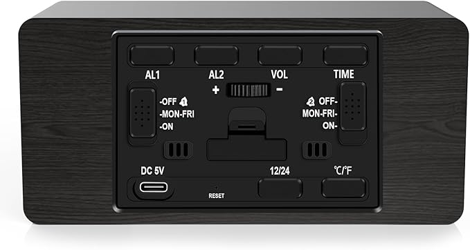 MOSITO Digital Wooden Alarm Clock with Wireless Charging, 0-100% Dimmer, Dual Alarm, Weekday/Weekend Mode, Snooze, Wood LED Clocks for Bedroom, Bedside, Desk, Kids (Black)