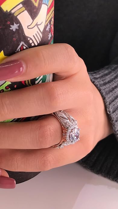 Jeulia 4 Carat Openwork Ring Sets for Women 925 Sterling Silver Wedding Sets Rose Gold Round Cut Halo Engagement Ring White Diamond band CZ Solitaire Anniversary Promise Rings