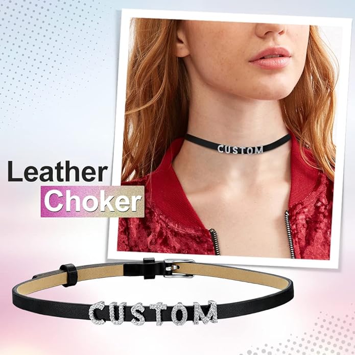 Custom4U Personalized Black Leather Choker Necklace with Picture/Name/Initials/Letters Charm,Custom Made Adjustable Choker Collar Gothic Punk Necklaces Jewelry Gifts for Women