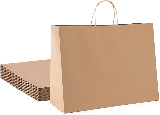 METRONIC 16x6x12 Inch Paper Gift Bags 25Pcs, Gift Wrap Bags with Handles, Brown Kraft Paper Bag for Small Business, Heavy Duty Bulk Bag for Birthday Party Favors, Shopping, Retail