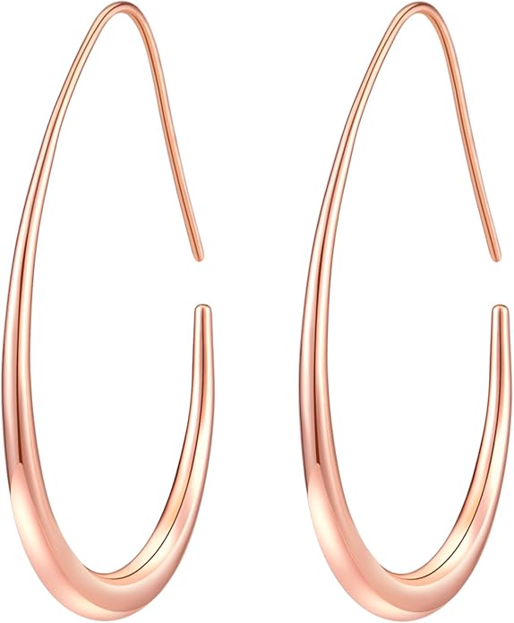 Lightweight Teardrop Hoop Earrings for Women - 14k Gold/White Gold Plated Large Oval Pull Through Hoop Earrings High Polished Statement Jewelry Gift for Women