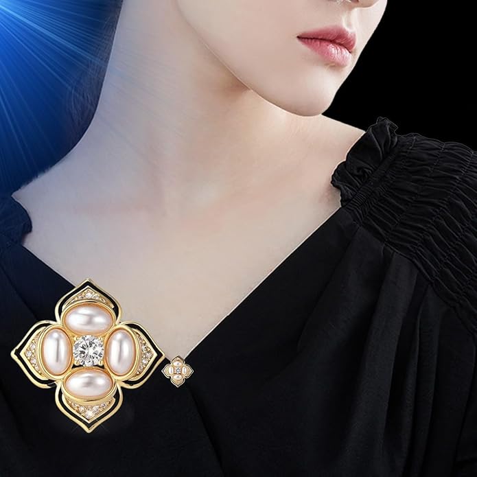 Pearl Flower Brooch for Women - Gold Plated Pearl Flower Pin Rhinestone Buttons Lapel Pin Jewelry - Valentine's Day Gift