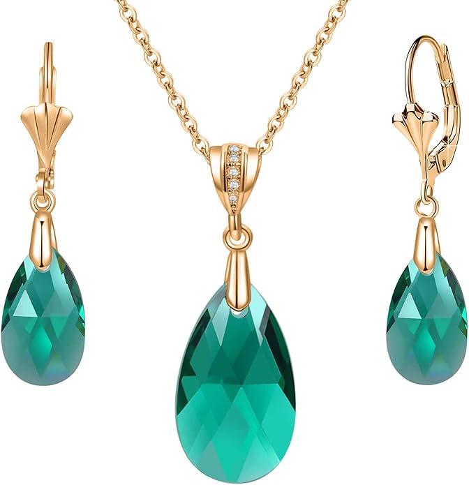 EVEVIC Austrian Crystals Teardrop Pendant Necklace Earrings for Women 14K Gold Plated Hypoallergenic Leverback Drop Dangle Earrings Jewelry Set
