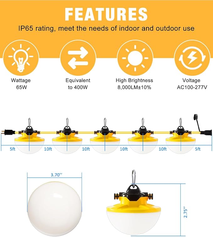50FT Construction String Light 65W 8000Lm, 5000K Industrial Grade LED String Work Lights, IP65 Waterproof Temporary Lighting for Construction Sites, Renovation, Mine Cave, Job Site, Walkways