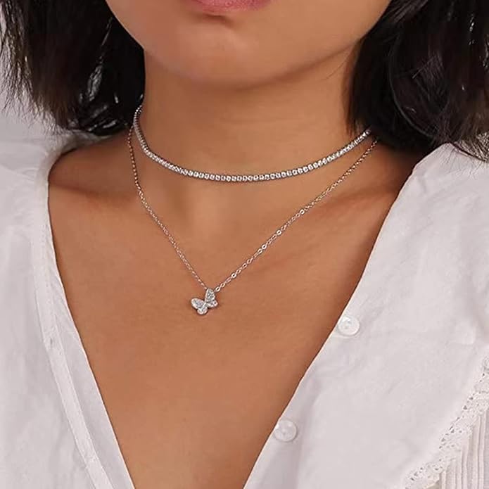 Tennis Necklace Bracelet for Women, Dainty Sterling Sliver Choker Necklace Crystal Link Bracelet Stud Earrings for Women Wedding Jewelry for Bride Jewelry Set Accessories