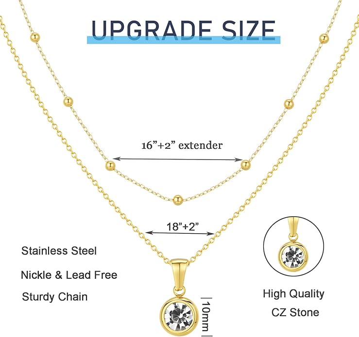 14K Gold-Plated Women's Double-Layer Birthstone Necklace Delicate Round Birthstone Pendant with a Simple Necklace, a Birthday Gift for Women Teenage Girls