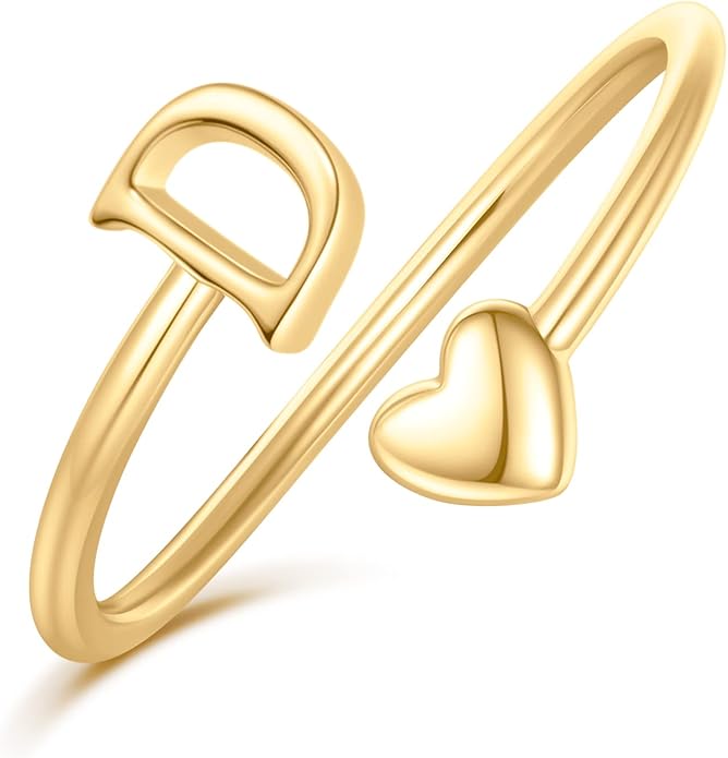 Initial Rings for Women Girls - Valentines Day Gifts for Her, Adjustable Rings for Women Non Tarnish Letter A-Z Dainty Heart Ring Teen Girls Gifts Trendy Stuff Personalized Jewelry Gift