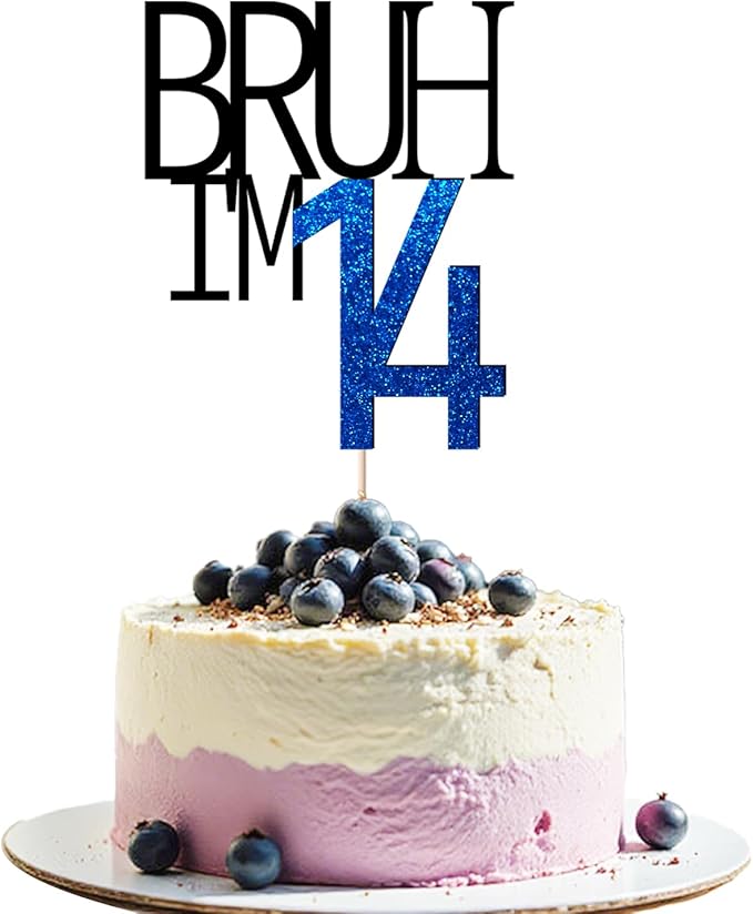 Bruh I'm 14 Cake Topper - Bro I'm 14, Happy Sweet 14 Ornament for Boys' 14th Birthday Party Supplies (blue 14)