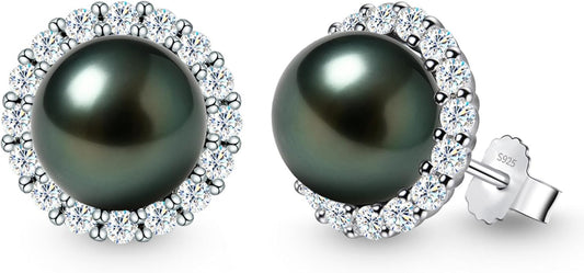Genunie Tahitian Black Pearl Earrings, 9-11mm AAAA Natural Ocean-Grown Pearls with Sterling Silver Moissanite Earring, Anniversary Wedding Birthday Christmas Gift for Wife Mom Daughter, Women Jewelry