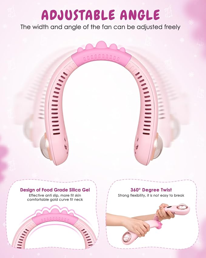 Neck Fan for Kids,Bladeless Portable Fan Rechargeable for 4-14Y Girls & Boys, 2400mAh USB Personal Cooling Mini Fan Rechargeable for Travel/Disney/Camping, 3 Speeds, Summer Essentials(Pink)