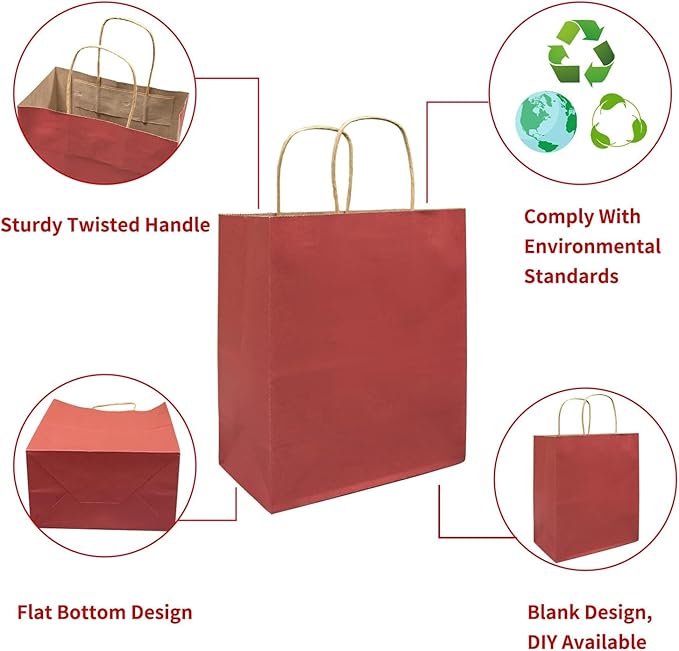 FACEBAG 100-Pack Red Paper Bags with Handles Bulk,8x4.25x10.5 Inch Gift Bags, Red Kraft Paper Bags, Applicable to Retail, Party, Shopping, Festival，Reusable & Durable