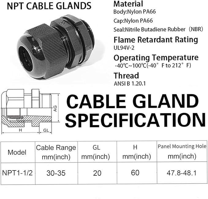 Cable Glands-PENGLIN 1-1/2" NPT Nylon Cable Connector, Strain Relief Cord Connector, IP68 Waterproof Adjustable Locknut(1-1/2 Inch (10-Pack))