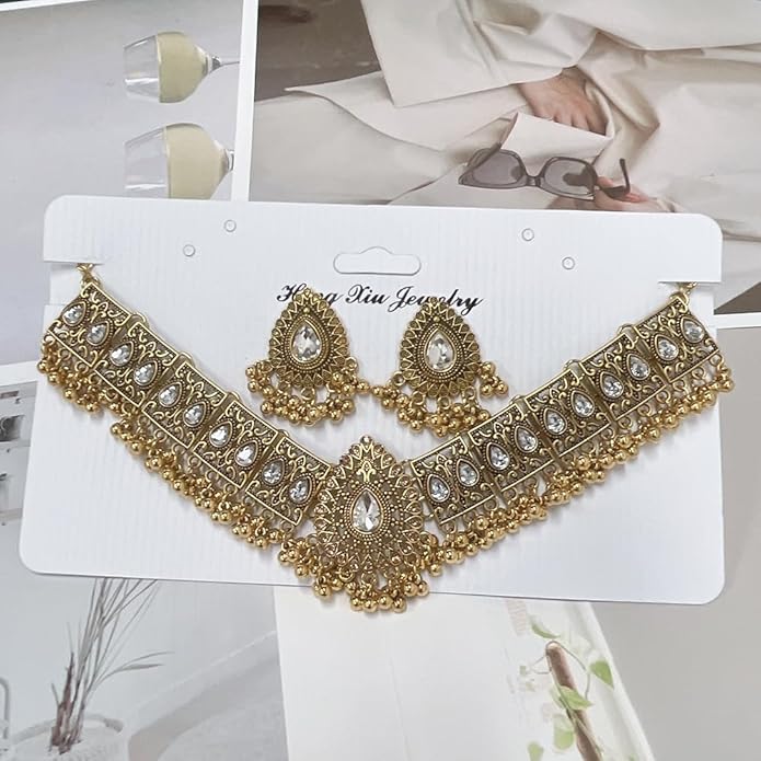 Indian Wedding Bridal Traditional Bohemian Jewellery Set for Women Girls Antique Oxidized Ethnic Party Prom Wear Statement Necklace Earring Tassel Bollywood Choker Punk Crystal Fashion Gift for Bride