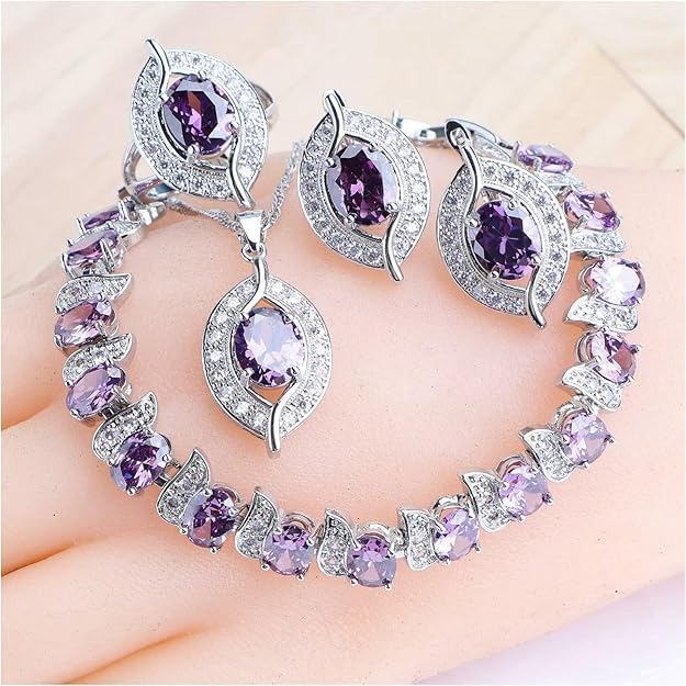 OLALACLAYCO, 4 Pcs Flower Drop Emerald Green Big Cubic Zircon Dubai Women Party Costume Jewelry Sets for Brides Wedding Luxury, Platinum Plated Jewlery Set, gifts for family and loved ones during the holidays. (Purple Zircon 925 Silver)