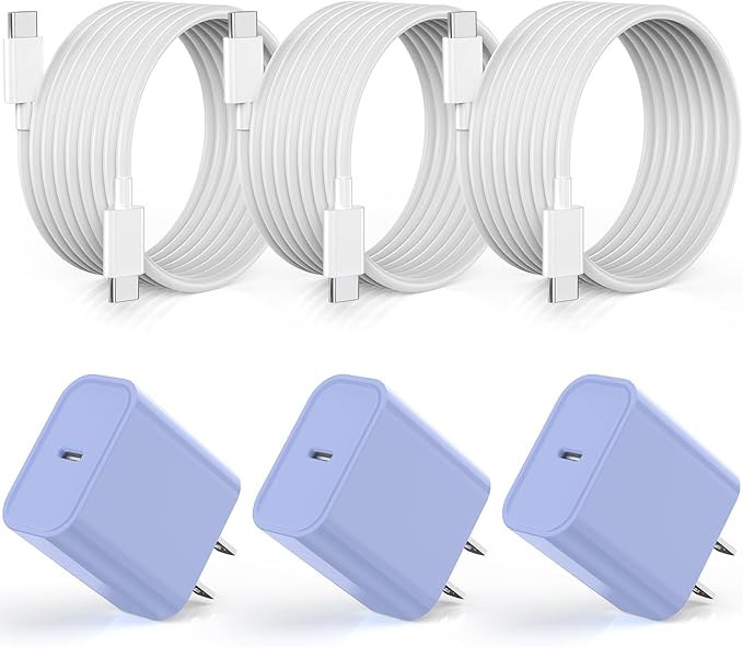 Apple iPhone 16 15 Charger Fast Charging [Apple MFi Certified]3Pack 20W USB Type C Charging Block with Long 6 FT Fast Charging Cable for iPhone 16/16 Pro/Pro Max,iPhone 15/15 Pro Max/Plus/iPad(Purple)