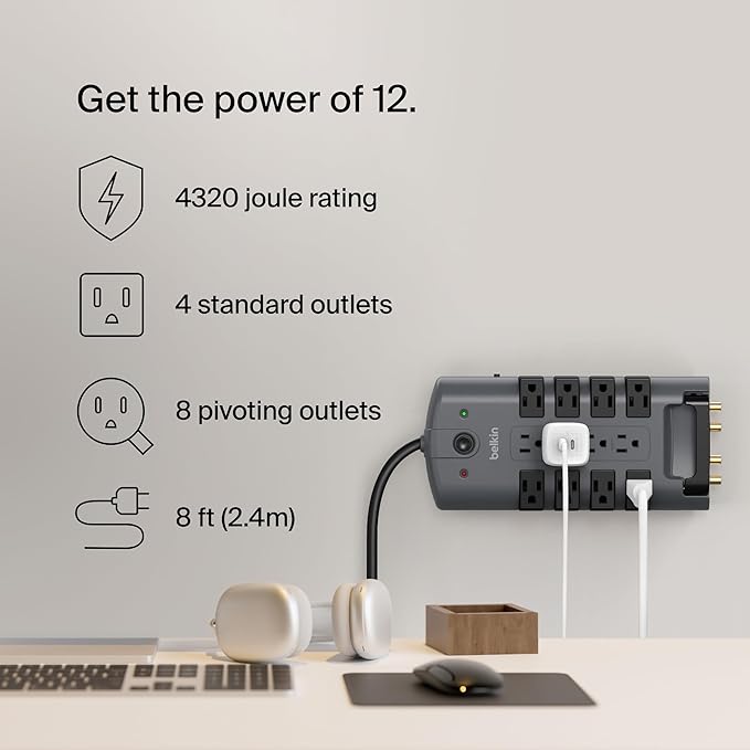 Belkin Surge Protector Power Strip w/ 8 Rotating & 4 Standard Outlets - 8ft Sturdy Extension Cord w/ Flat Pivot Plug for Home, Office, Travel, Desktop & Charging Brick - 4320 Joules of Protection