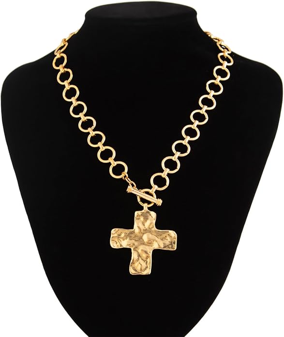 Atiptu Gold Chunky Cross Necklace for Women Statement Cross Pendant Necklace Layered Hammered Bold Cross Necklace Vintage Toggle Clasp Necklace Jewelry