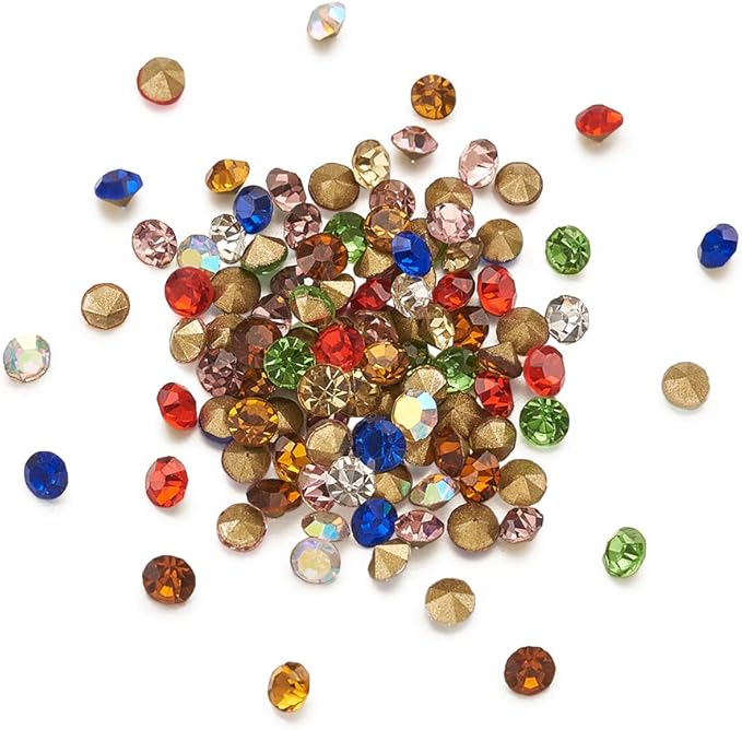 Fashewelry 1440Pcs Pointed Back Clear Glass Rhinestone Cabochons 2mm Mini Faceted Crystal Diamante Gem Cab Covers with Gold Plated No Hole for DIY Jewelry Making, Randomly Mixed Colors