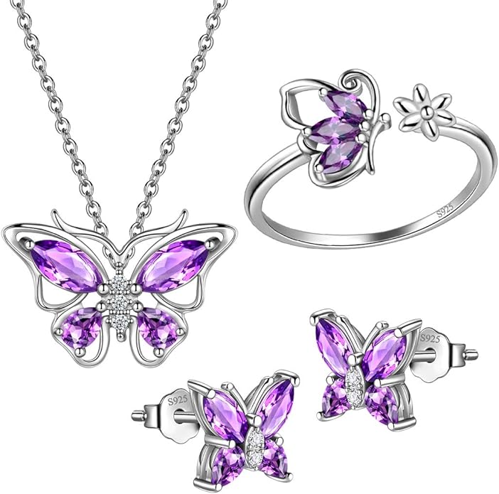 925 Sterling Silver Birthstone Butterfly Jewelry Women Crystal Animal Cute Butterflies Birthday Necklace/Earring/Ring/Bracelet Sets Birth Stone Statement Anniversary Jewellery