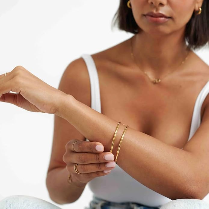 PERNNLA PEARL Dainty Gold Bar Bracelet for Women Simple Delicate Thin Cuff Bangle Hook Bracelet 18K Gold Plated Handmade Minimalist Jewelry