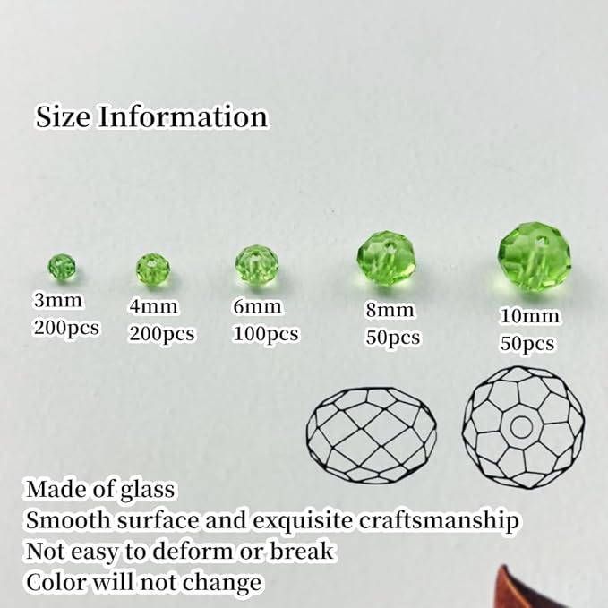 600pcs Crystal Glass Beads 3mm 4mm 6mm 8mm 10mm Rondelle Faceted Crystal Beads Spacer Beads for Necklace Bracelet Earrings DIY Jewelry Crafts Making Supplies(Light Green)