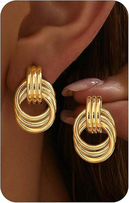14K Gold Plated Knot Statement Earrings for Women Hypoallergenic Chunky Drop Dangle Earrings - Lightweight Fashion Accessories Gold Jewelry Gifts for Womens Trendy