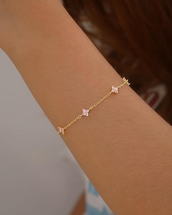 JSJOY Birthstone Bracelets for Women, 14K Gold Bracelets for Women Mom Gifts Birthday Valentines Day Gifts for Gf Dainty Flower Gift for Her Birthstone Bracelet Mothers Day Gift