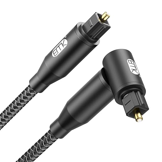 EMK 90 Degree Right Angle Optical Audio Cable [3ft/1M] - 360° Rotatable Digital Toslink SPDIF Cable for Soundbar to TV, Home Theater - Black Fiber Optic Cable with Angled Connector