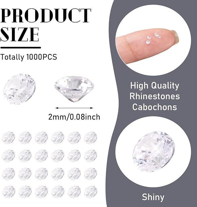 Fashewelry 1000Pcs Crystal Clear Cubic Zirconia Faceted Rhinestone Cabochons 2mm Mini Pointed Back Diamante Gems for Nail Art Craft Replacing Jewelry