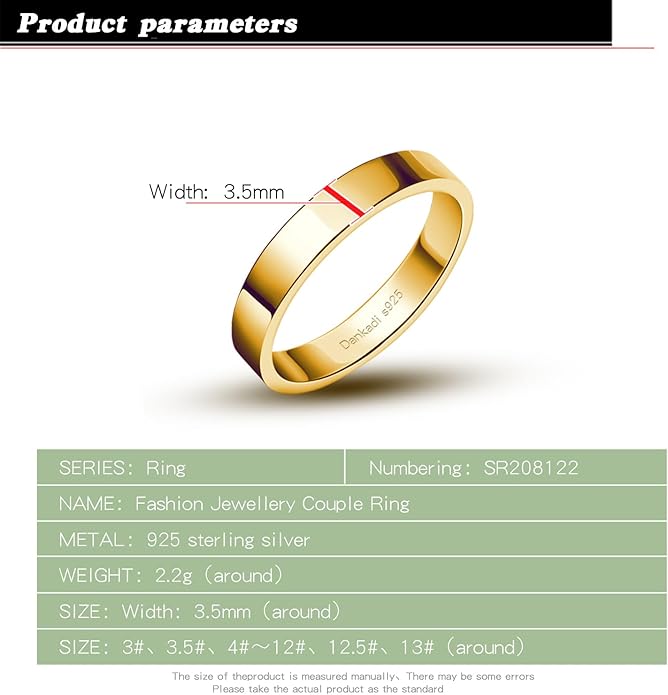 Dankadi Simple Fashion S925 Sterling Silver Ring Smooth Plain Dome Comfort Solid Silver Wedding Ring For Men & Women 3.5 mm 3-13# 24k Real Gold Plated Jewelry