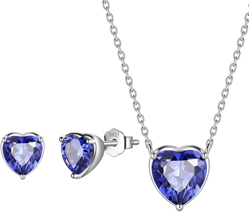 Aurora Tears Hearts Necklace Earrings Jewelry Sets - Women 925 Sterling Silver Birthstone Pendants Earrings Set Crystal Wedding Birthday Jewelry