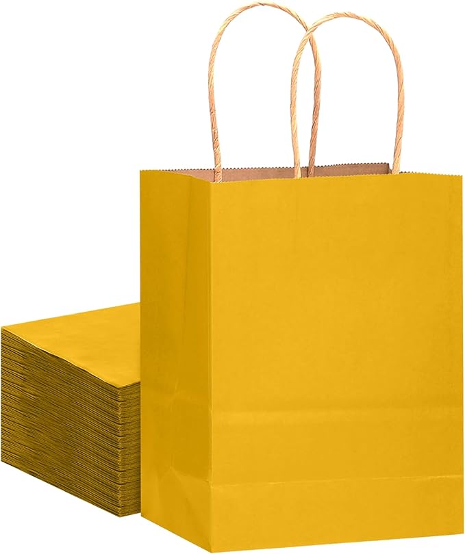 qiqee Large Kraft Paper Bags with Handles 13"x10"x5" 32 pcs Gift Paper Bag Bright Yellow Solid Color Bags（Large Size）
