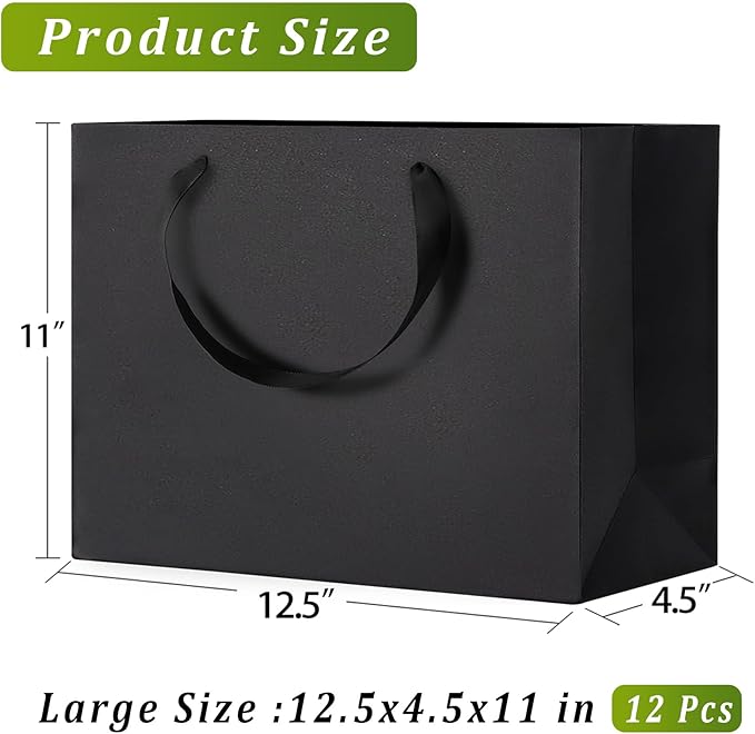 Black Gift Bags With Handles, 12.5x4.5x11 Inch Sturdy Kraft Paper Gift Bags 12 Pcs, Bulk for Wedding, Party, Birthday, Business and Shopping, Large Size