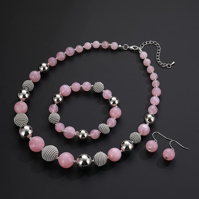 PEARL&CLUB Beaded Chunky Statement Necklace Earring and Bracelet Set Silver Metal Bead Fashion Jewelry Set Mothers’ Day Gifts for Women