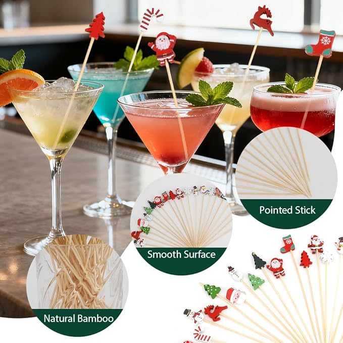 200pcs Christmas Toothpicks For Appetizers Christmas Cocktail Picks For Drinks 4.7inch christmas Skewers For Appetizers Party Cupcake Picks For Charcuterie Board New Years Cocktail Picks