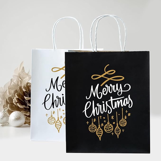 SUNEE Gift Bags with Handles 8x4.3x10.7, 100 Pcs Paper Bags Medium Size Bulk for Gift Wrapping, Retail, Party Favors and Small Business - Black