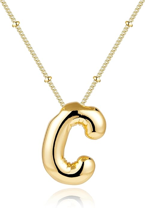 Inerney Valentines Day Gifts Gold Bubble Letter Necklace Initial Necklaces for Women, Chunky 14K Plated Balloon Initials, Trendy Charm Non Tarnish Custom Name Pendant Jewelry Gifts for Mom