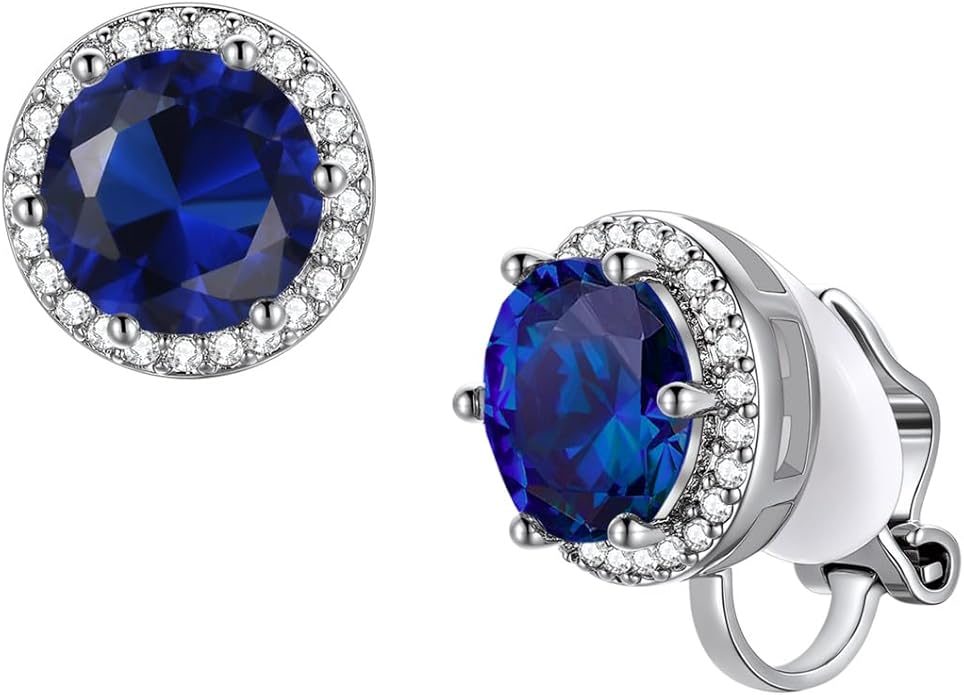 FindChic Sparkling Birthstone Clip On Earrings for Women, Silver Plated Stud Earrings 8MM Cubic Zirconia Non Pierced Studs, 12 Months Birthday Jewelry Gift