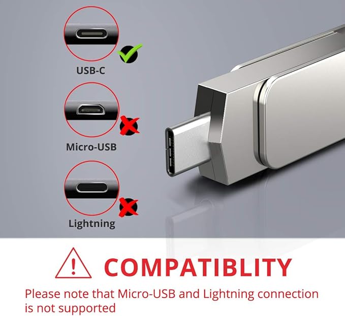 MOSDART 128GB USB3.1 Fast Speed C and A Dual Flash Drive, exFAT Memory Stick with Keychain Loop, for iPhone 15 and 16, Android Phone, iPad, MacBook, Silver(Pack of 2)