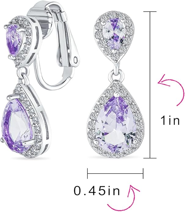 Vintage Style Bridal Cubic Zirconia Simulated Gemstone AAA CZ Halo Dangle Teardrop Chandelier Clip On Earrings For Women Silver Rose Gold Plated in Black Purple Blue Red Rose Pink Green Clear