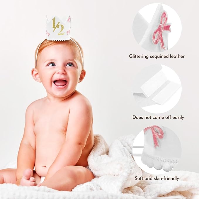 Half Birthday Crown Hat,White Birthday Crown for Baby 6-12 Months, Pink Bow Soft Photo Props for Half Year Celebration, Party Decorations