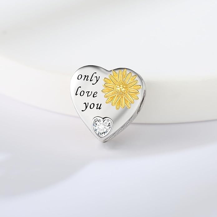 925 Sterling Silver Sunflower Charms Fit Pandora Charms Bracelet Forever In My Heart Fit Wife Mother's Day Christmas Birthday Gift